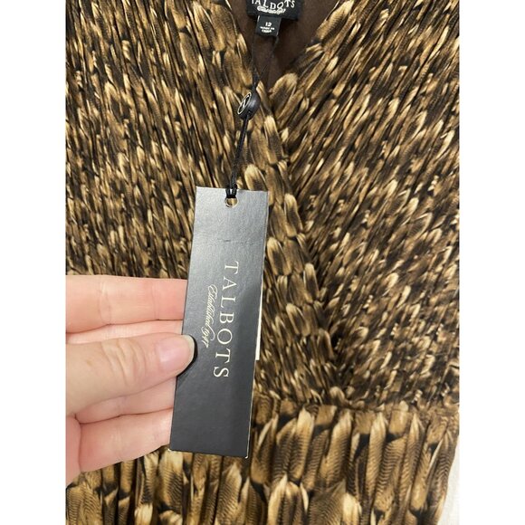 Talbots Dress Womens 12 Brown Feather Print Sleeveless Surplice Pleated A-Line - Picture 3 of 4